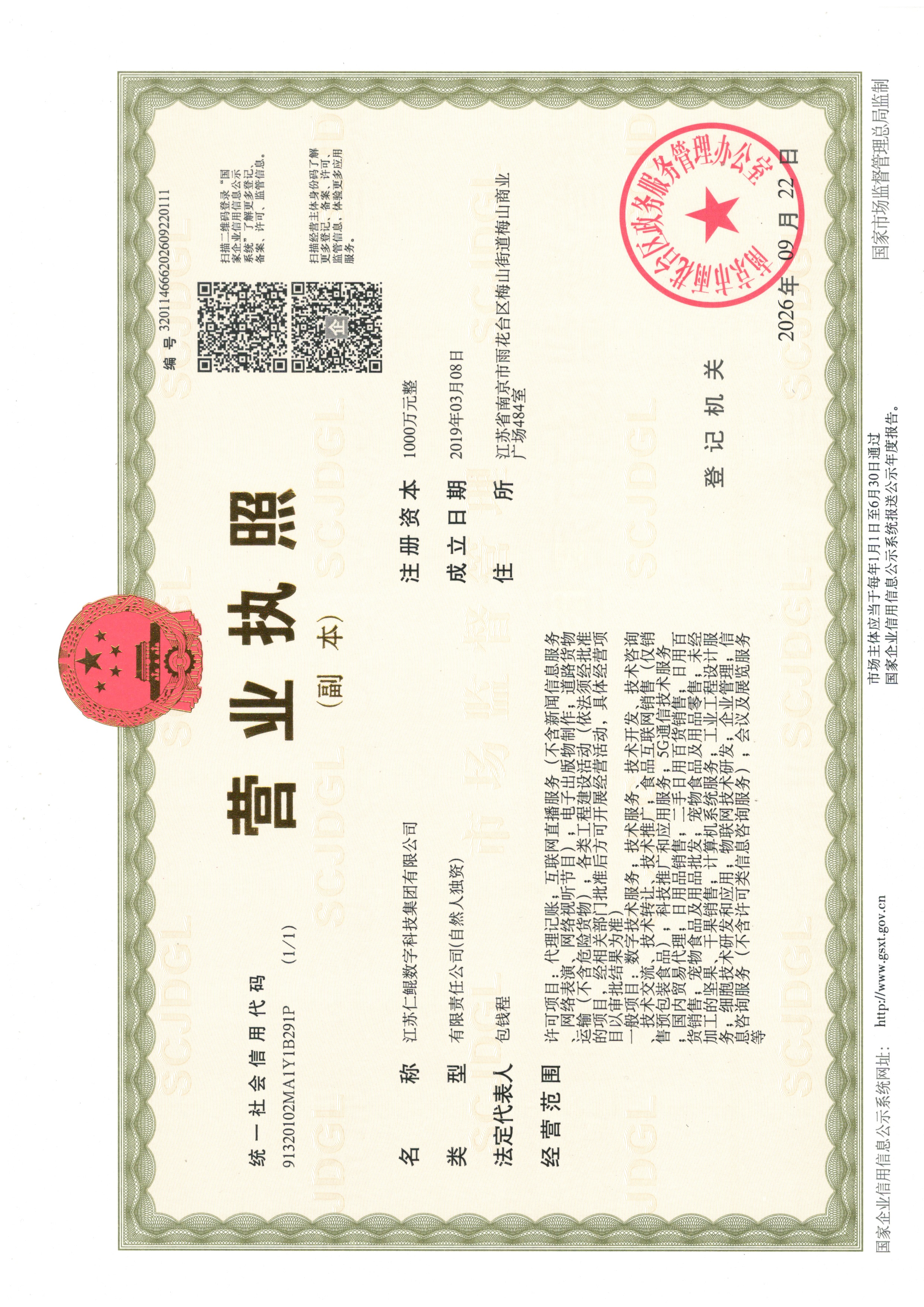江苏仁鲲数字科技集团有限公司营业执照